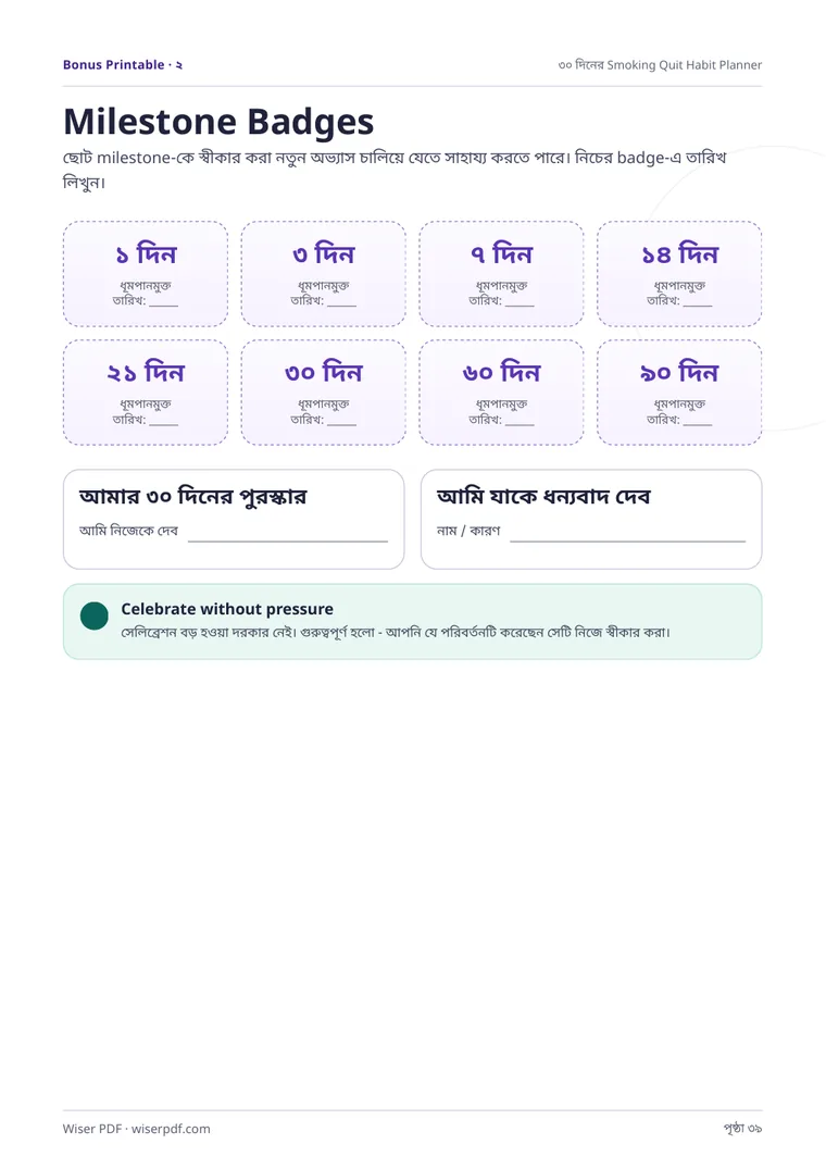 Milestone Badges printable page preview - ধূমপান ছাড়ার Habit Planner by Wiser PDF