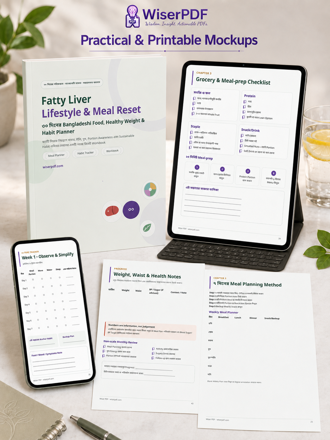 Mobile tablet and printable mockups of Fatty Liver Lifestyle PDF by Wiser PDF