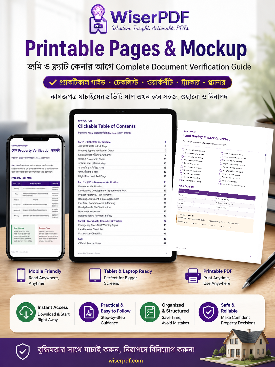 Mobile tablet laptop and printable A4 mockup of Property Buying Legal Checklist by Wiser PDF