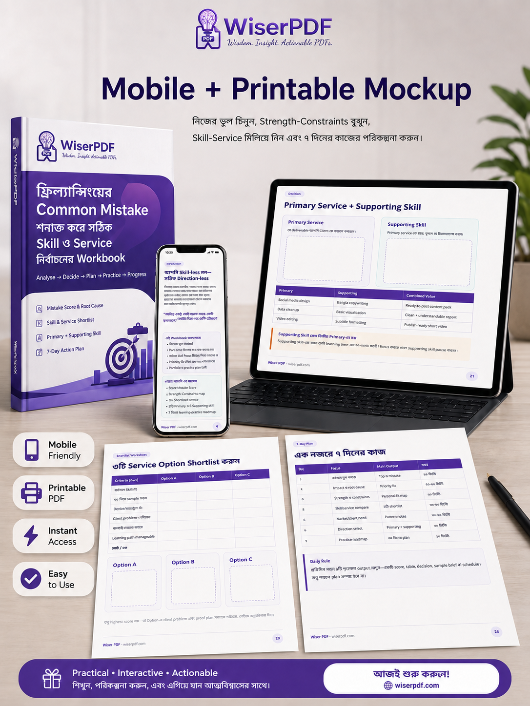ফ্রিল্যান্সিংয়ের Common Mistake Skill Service Workbook mobile friendly printable mockup - Wiser PDF