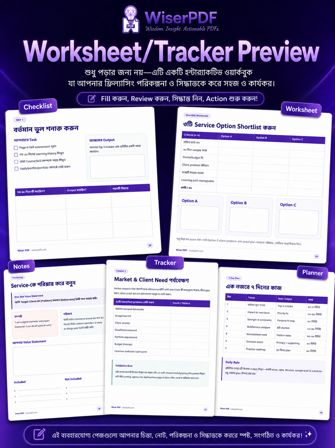 ফ্রিল্যান্সিংয়ের Common Mistake Skill Service Workbook checklist tracker worksheet planner preview - Wiser PDF